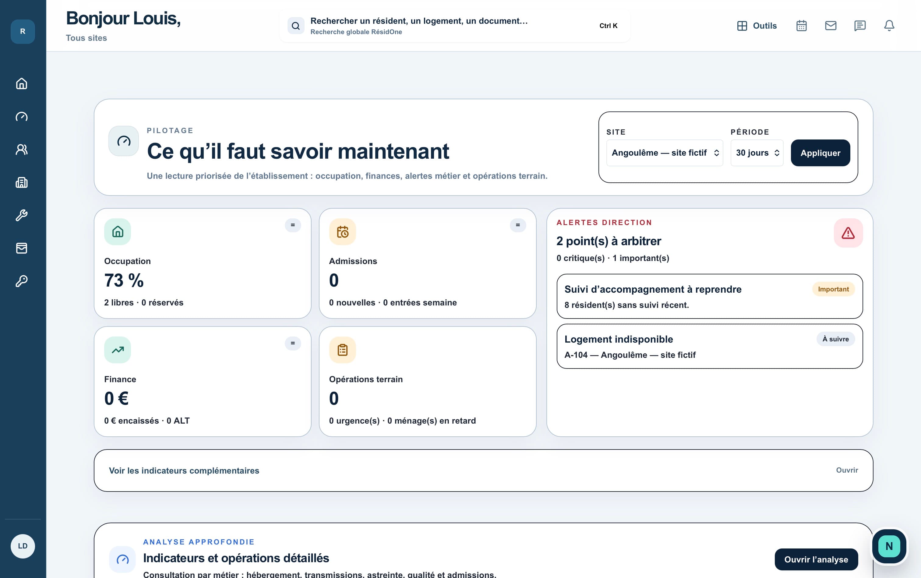 Cockpit RésidOne fictif avec indicateurs de démonstration